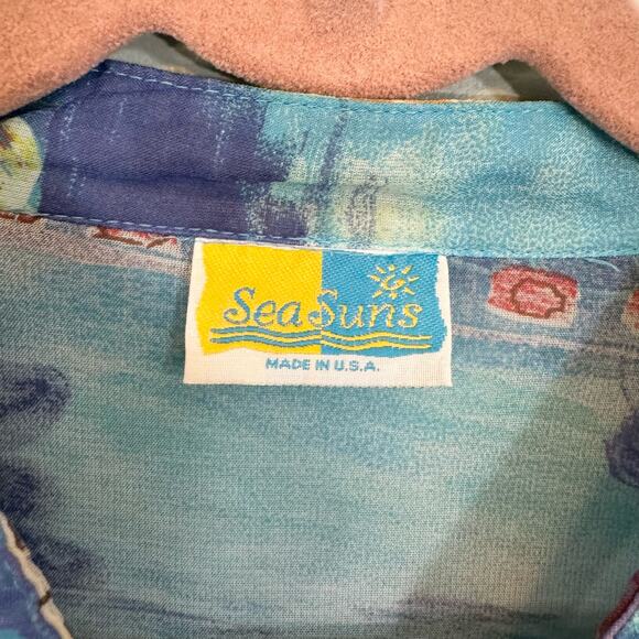 Sea Suns Blouse XL Vintage Vacation Italy Button Up Long Sleeves Blue USA - Picture 10 of 10
